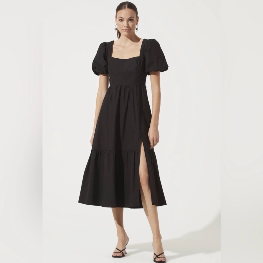 ASTR the label Square neck poplin tiered puff sleeve midi dress black XL - Picture 2 of 8